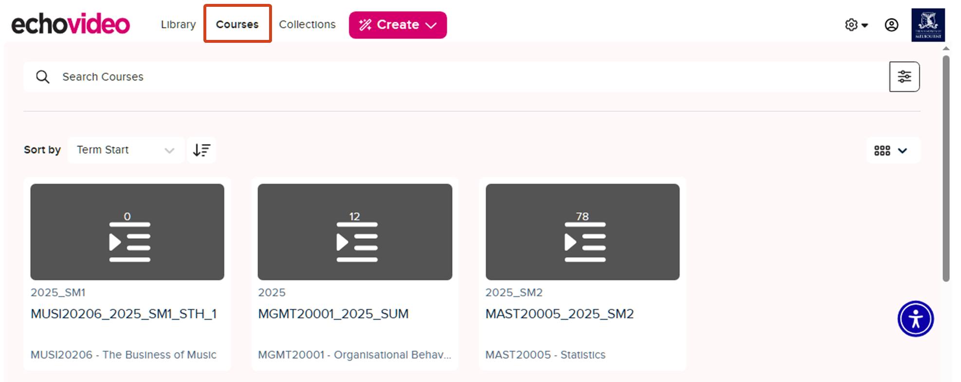 EchoVideo Courses page showing subjects available to a student A screenshot of the EchoVideo Courses page in student view, with the Courses tab outlined in red on the top left. Listed below in thumbnails are courses available to the student.
