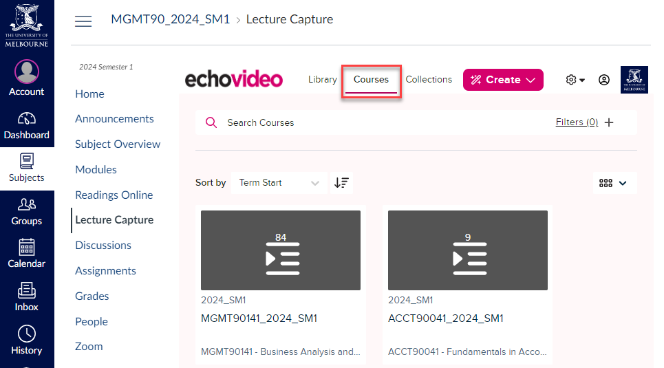 EchoVideo Home page showing all subjects available a student
