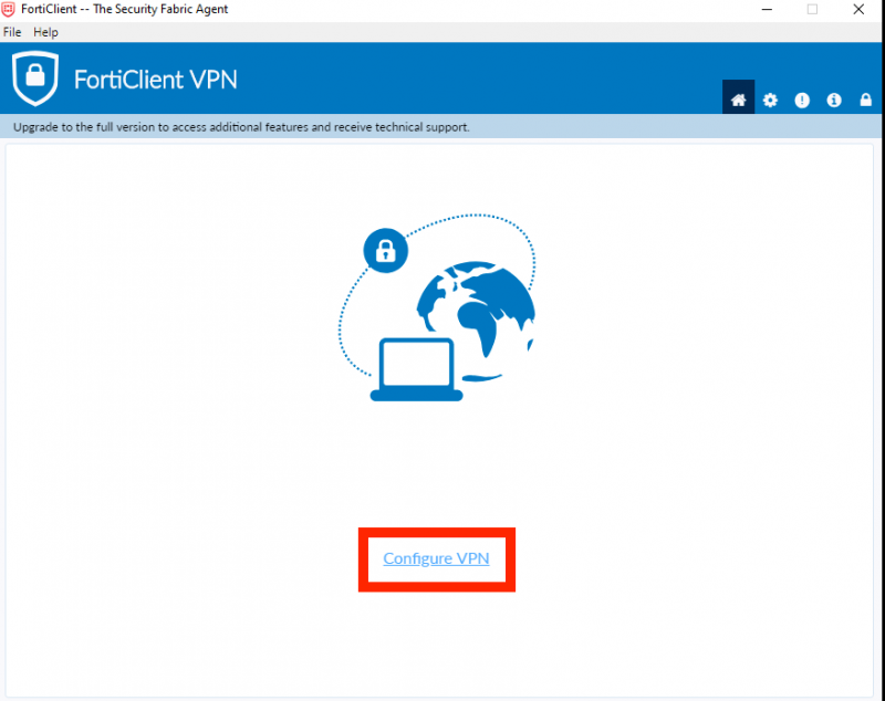 FortiClient VPN client settings - select configure VPN 
