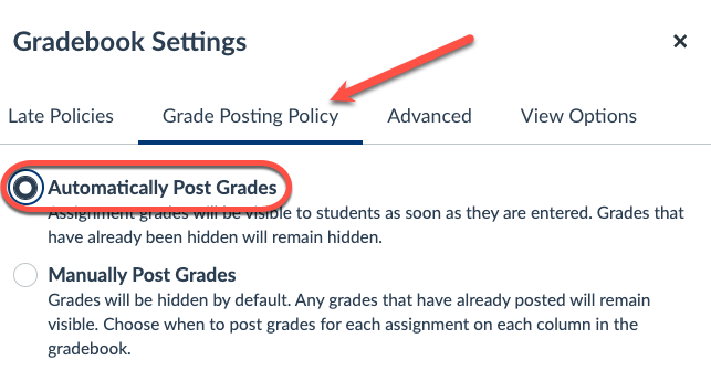 Automatically Post Grades is the default setting for all Canvas assignments (excluding anonymous or moderated assignments)