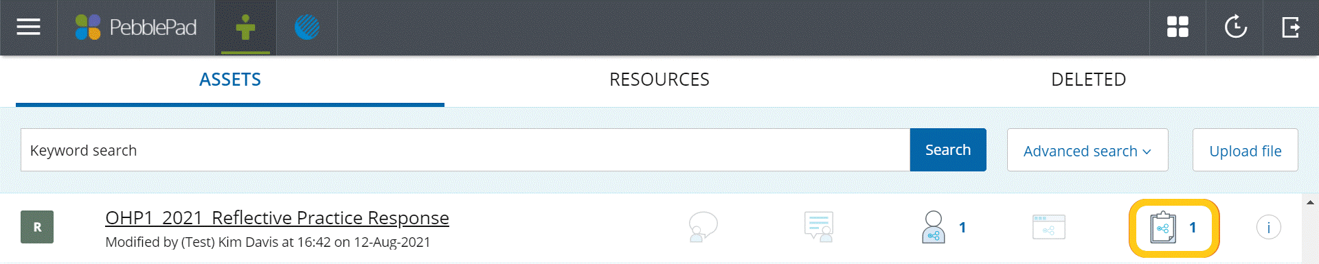 Screenshot of shared status of assets in asset store