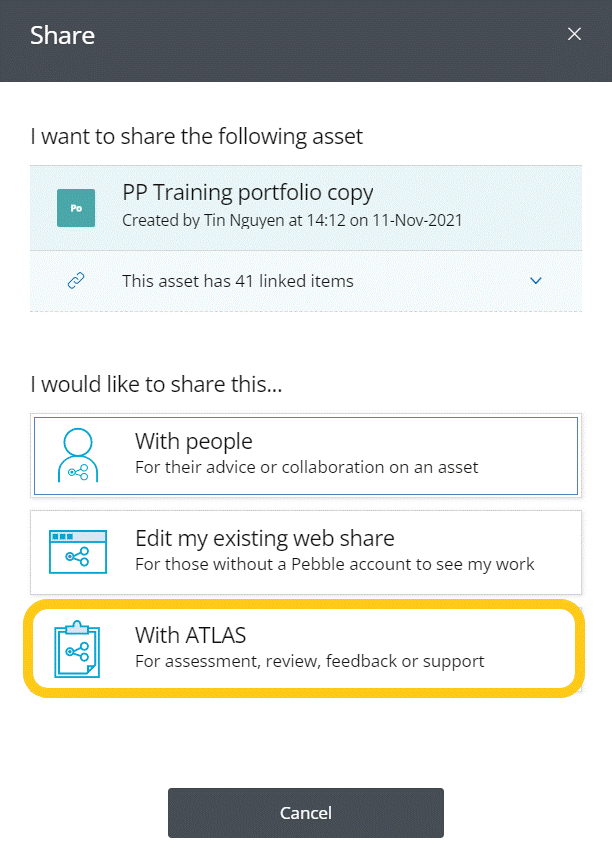 ’With ATLAS’ option for sharing highlighted in PebblePad