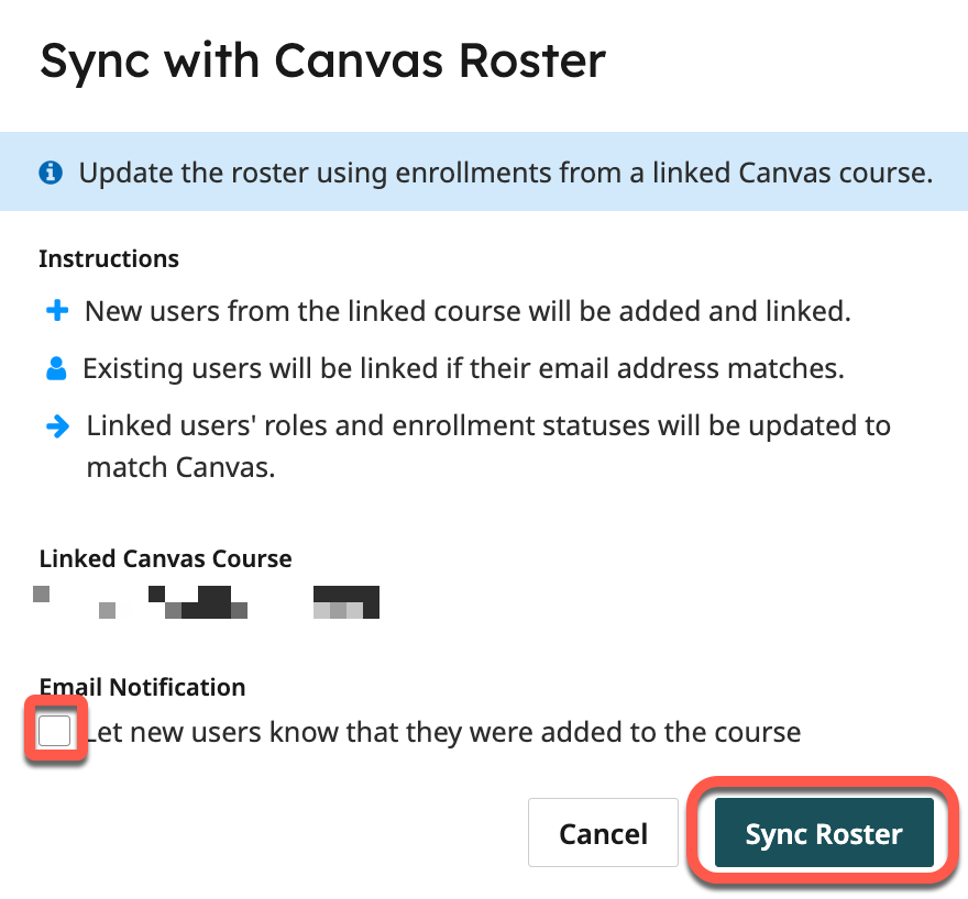 Deselect Email Notification, then Sync Roster