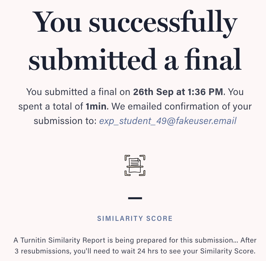 Submission confirmation message with option to view your Similarity Report within Turnitin