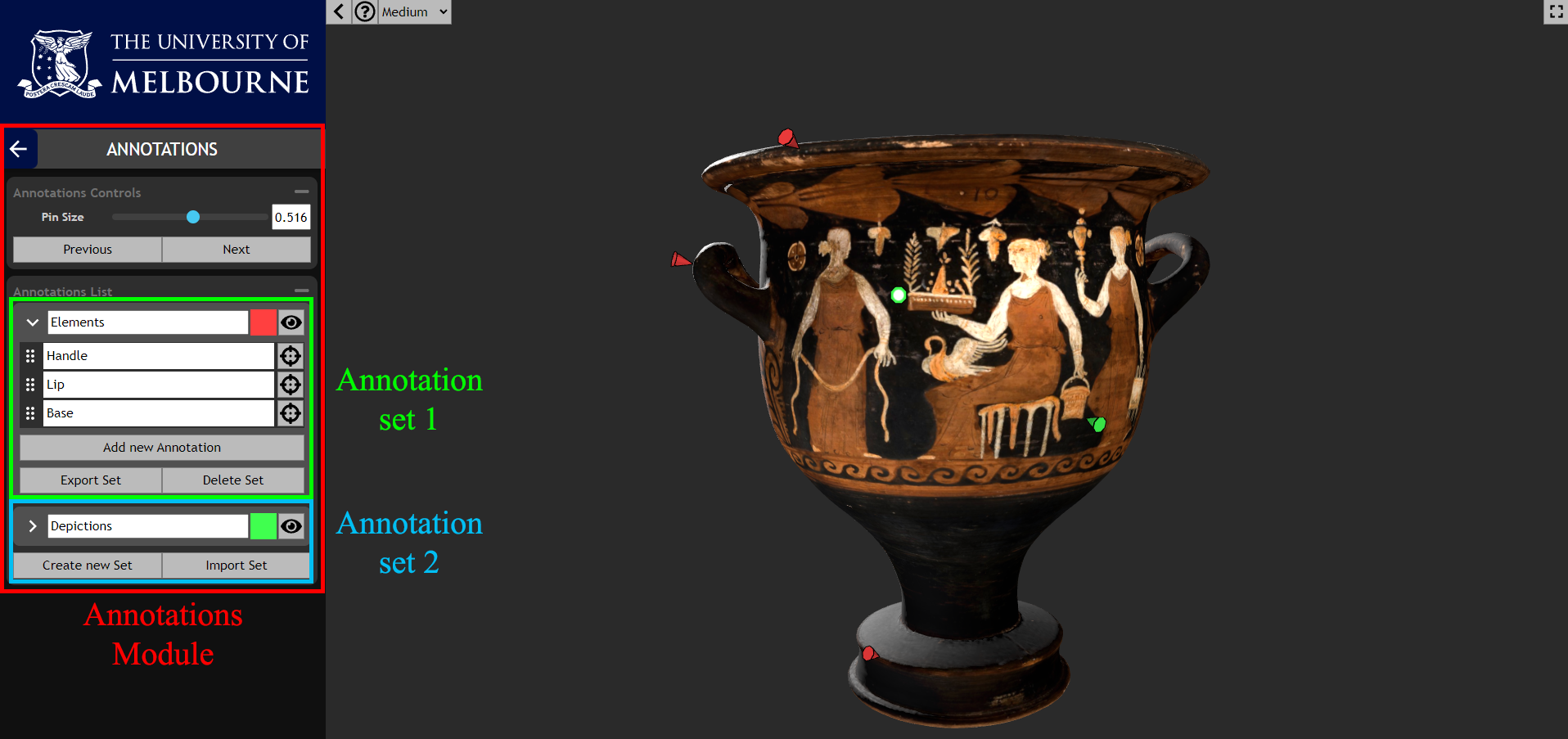 Pins indicating placement of descriptive annotations on a krater 3D model