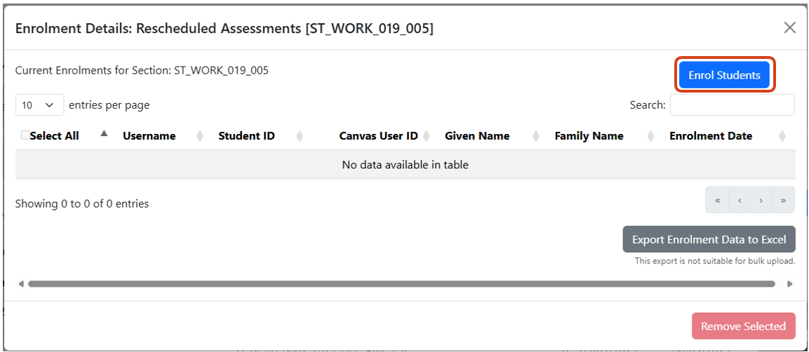 Choosing students to be enrolled to a Section Section enrolment details summary table. An Enrol Students button can be located on the right hand side above the details summary table.