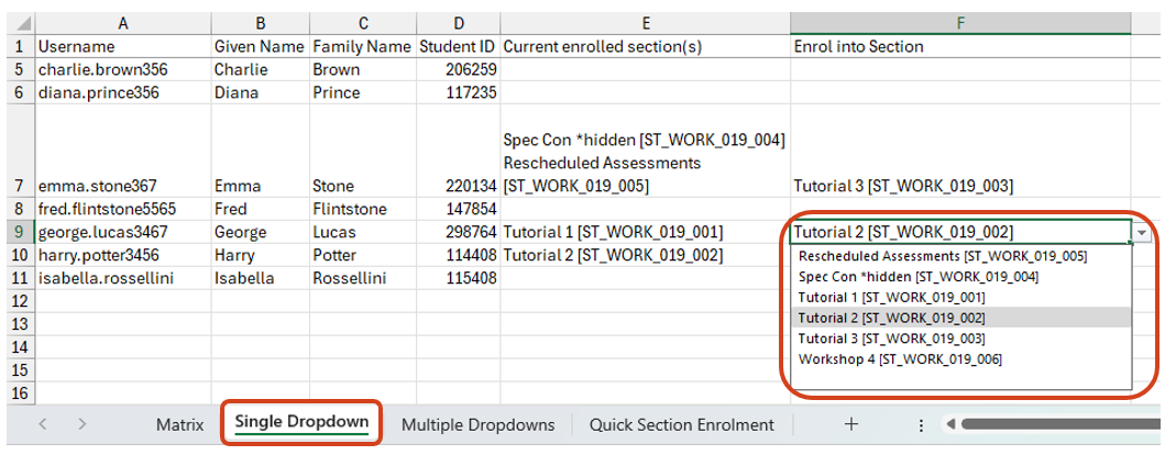 Updating Section enrolments using the Single Dropdown method Image showing the Single Dropdown spreadsheet tab which contains the section enrolments data. Students can be added or removed from a particular section by selecting the relevant option from the section dropdown menu.