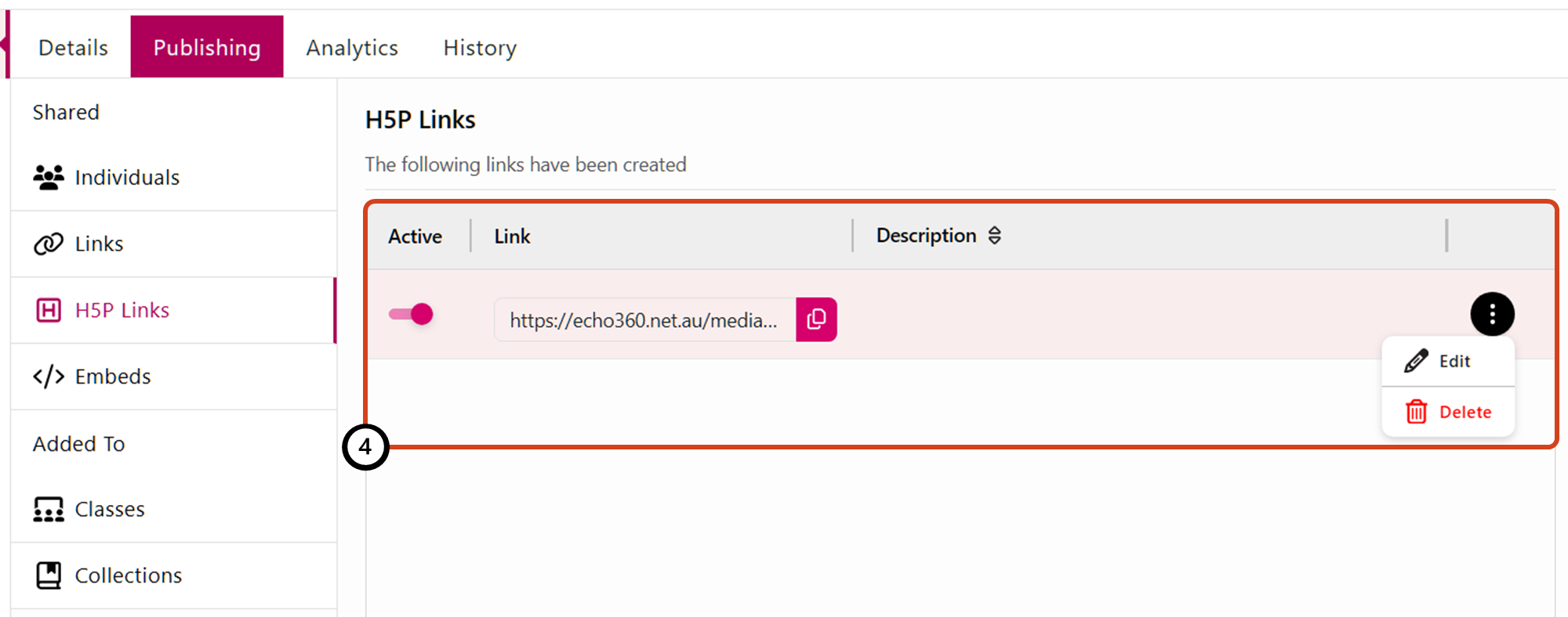 EchoVideo Share To window: H5P Links Screenshot of EchoVideo interface showing the Share To window