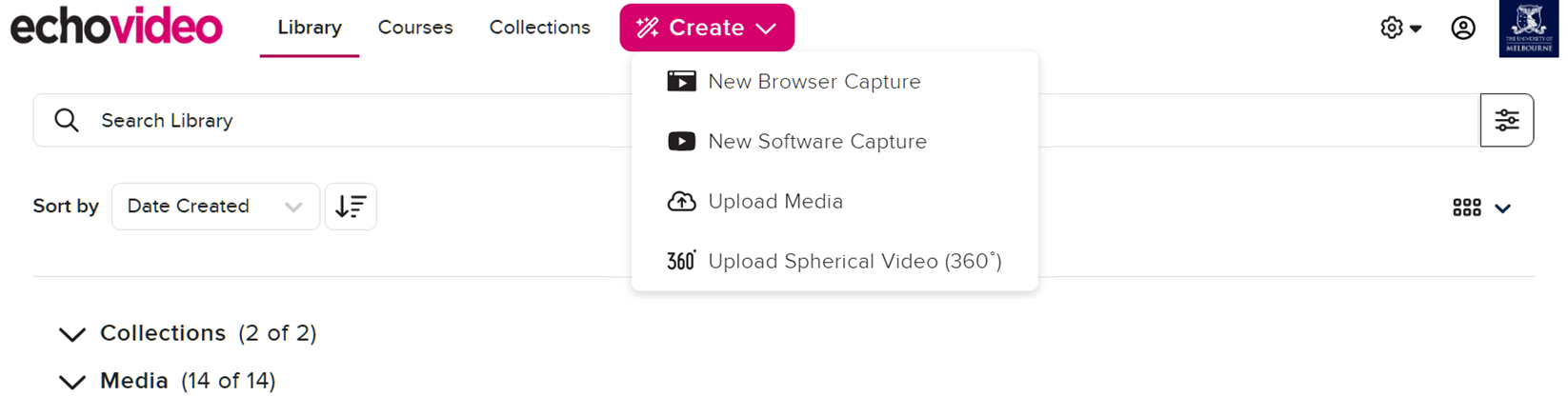 EchoVideo Create options The EchoVideo Create button, with options for users to create a new browser capture, new software capture, upload media, or upload spherical video.