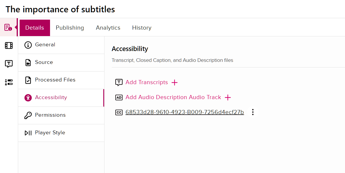 Media Details: Accessibility Screenshot of the EchoVideo media details page. The “Details” tab is selected and the “Accessibility” page is open. On the page, there are options to “Add Transcripts”, “Add Audio Description Audio Track”, in addition to an existing Closed Caption file.