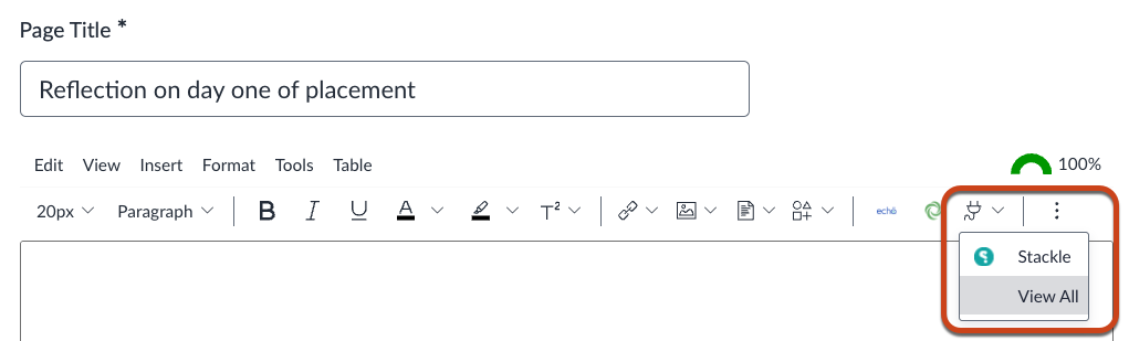 Accessing Stackle through the Apps button in Canvas creenshot of a Canvas page in edit mode highlighting the Apps button where Stackle is showing as an option.