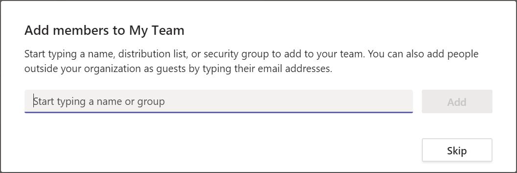 Window with field to enter name or email as well as Skip and Add buttons.