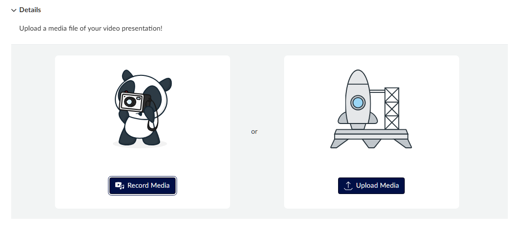 Screenshot of an LMS assignment with &ldquo;media recording&rdquo; enabled as the submission type. On the left-side, there is a &ldquo;Record Media&rdquo; button. On the right-side, there is a &ldquo;Upload Media&rdquo; button.