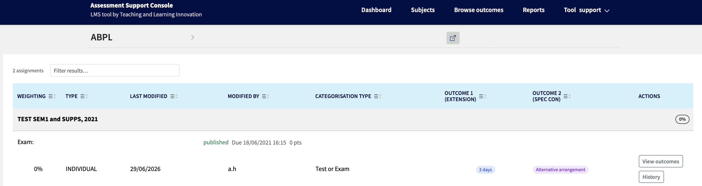 Screenshot of a subject assignment in the Assessment Support Console showing assignment details, categorisation type, outcomes and action buttons..