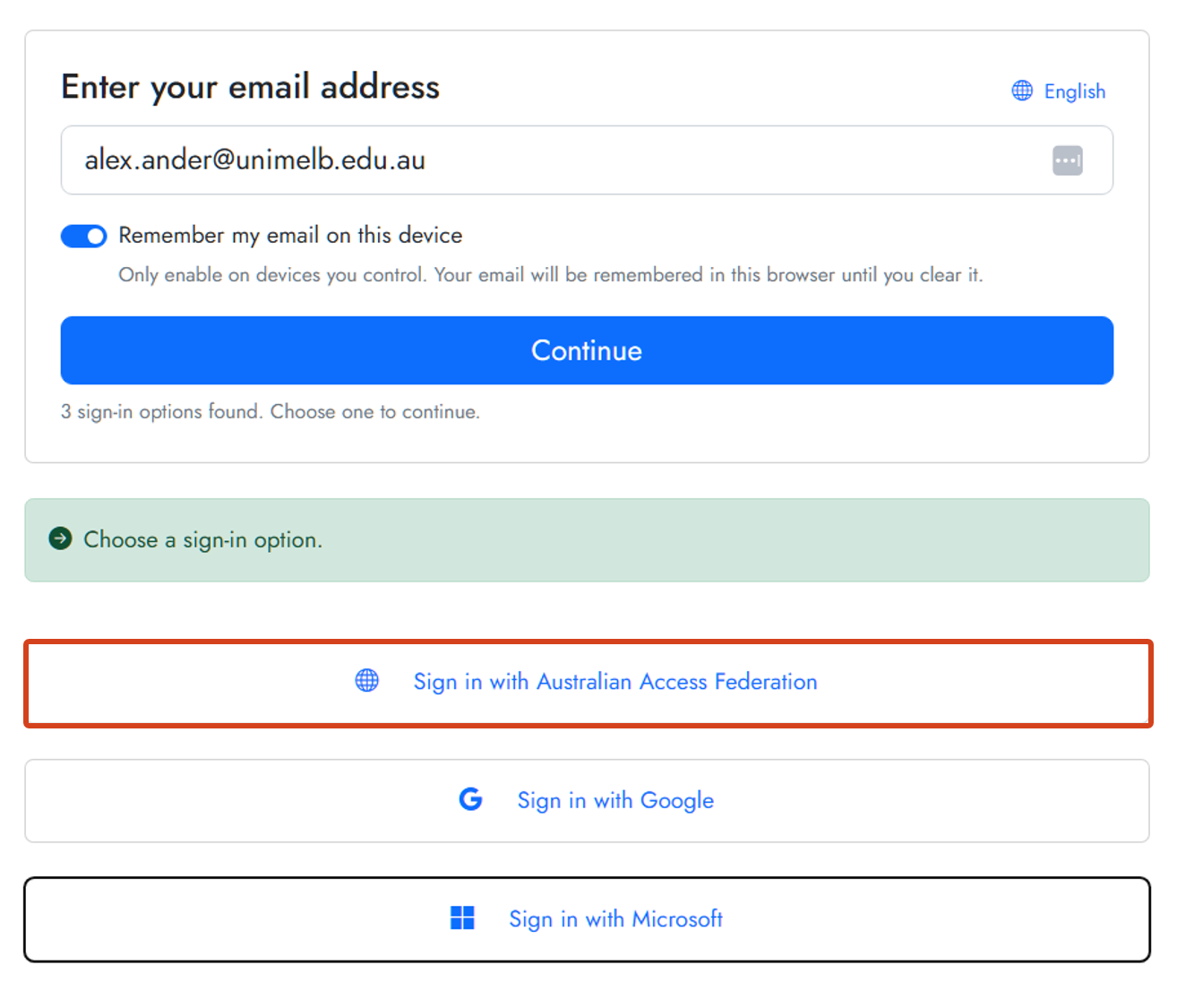 Screenshot of Cogniti login page. At the top, there is a field for users to enter their email address and a &ldquo;Continue&rdquo; button. Beneath this are sign-in options, with &ldquo;Sign in with Australian Access Federation&rdquo; highlighted.