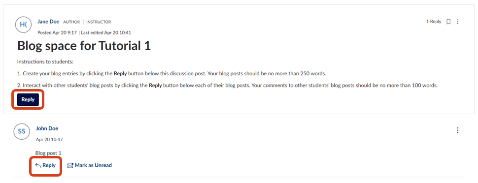 A Canvas Discussion activity organised for student sections displays an option for students to reply to the main discussion post and an option to reply to the individual discussion thread.