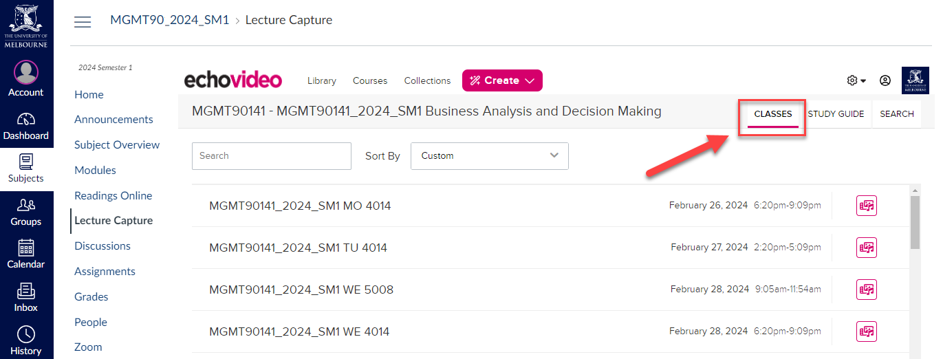 The Course page Lecture Capture system, showing all recordings for your subject