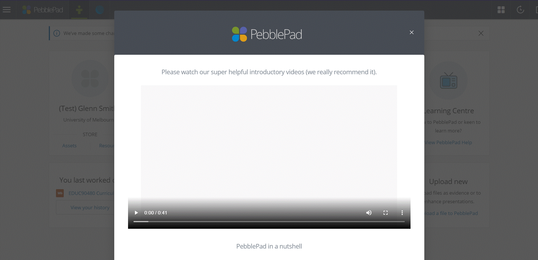 Introductory video screen on PebblePad homepage