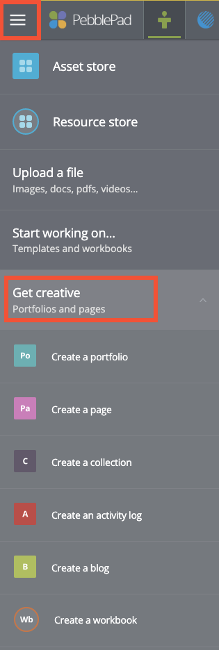 Accessing the 'Get creative' button from the hamburger menu Accessing the Get Creative button from the hamburger menu