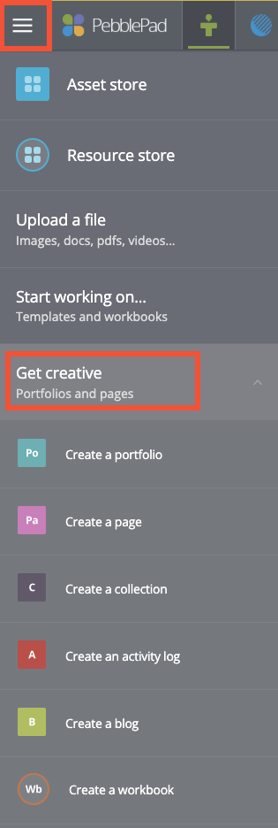 Accessing the Get Creative button from the hamburger menu