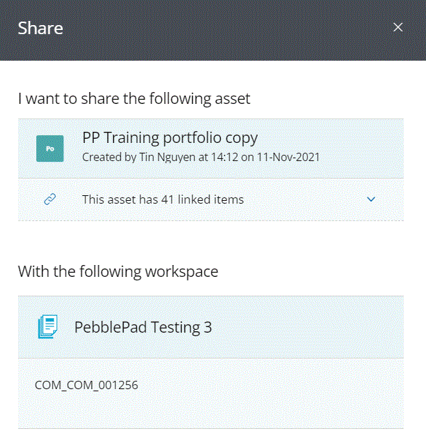 Sample workplace when sharing to ATLAS for assessment via PebblePad