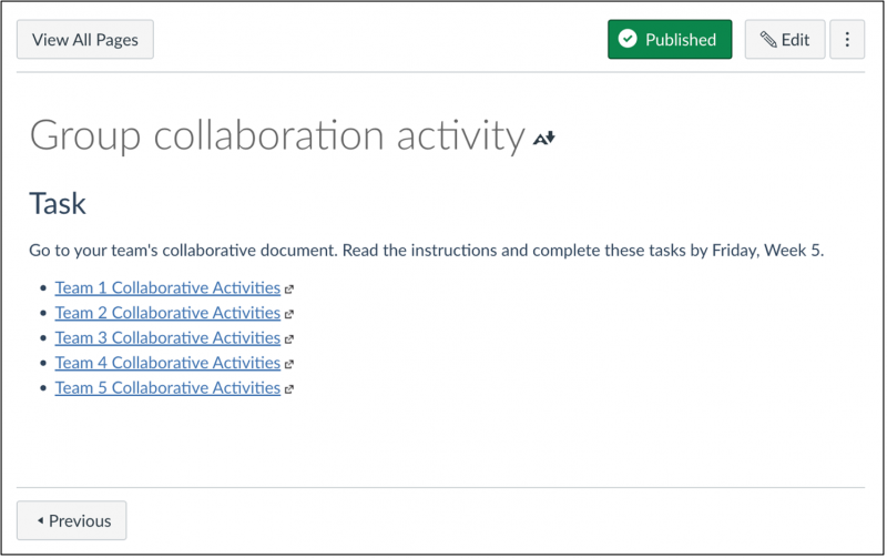 Collaborative files added as external links in a LMS Page - on file for each team