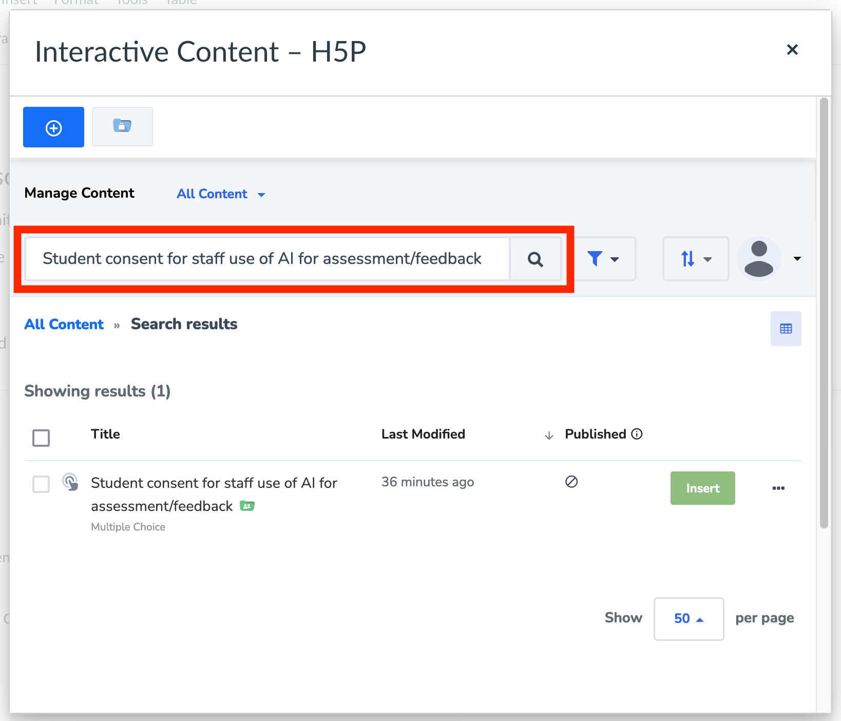 Interactive Content - H5P window with search field highlighted Screenshot of Canvas interface - Interactive Content - H5P window with search field highlighted