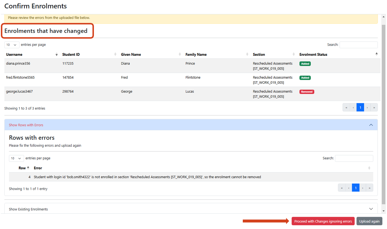 Review enrolment changes – Matrix method Image showing the updates to section enrolments, and any errors that have not been processed