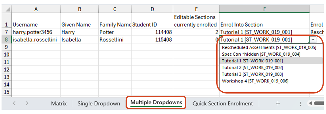 Updating Section enrolments using the Multiple Dropdowns method Image showing the Multiple Dropdown spreadsheet tab which contains the section enrolments data. Students can be added or removed from a particular section by selecting the relevant option from the section dropdown menus.