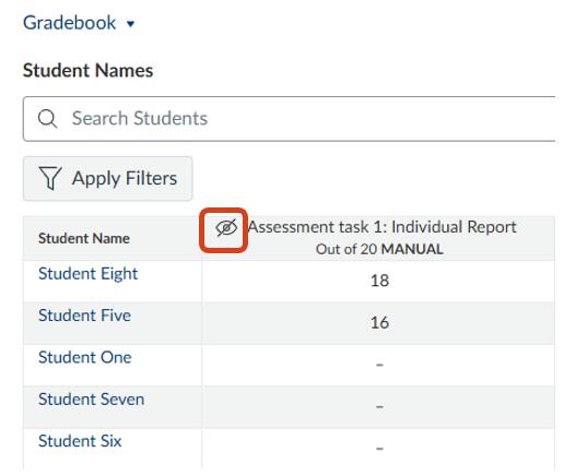 Visibility icon on assignment column in Gradebook Screenshot of Canvas LMS interface - Visibility icon on assignment column in Gradebook