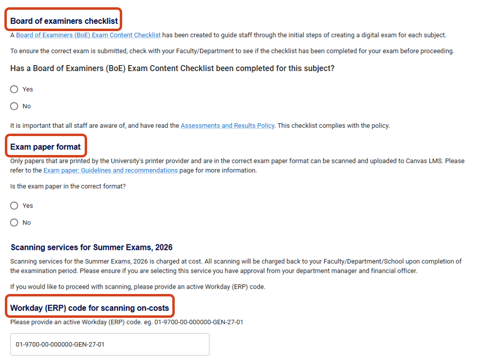 Questions covering board of examiners checklist, exam paper format and Workday code required for scanning services as part of the Preparation step.