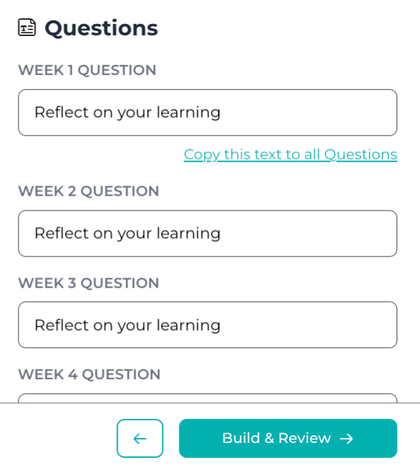 Adding your reflection prompts Screenshot of adding reflection prompts in Stackle
