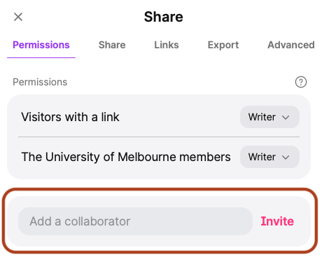 Add members to a Padlet wall Screenshot of Padlet share settings showing the field under the Permissions section where an email address or username can be entered to invite someone to collaborate on the board.