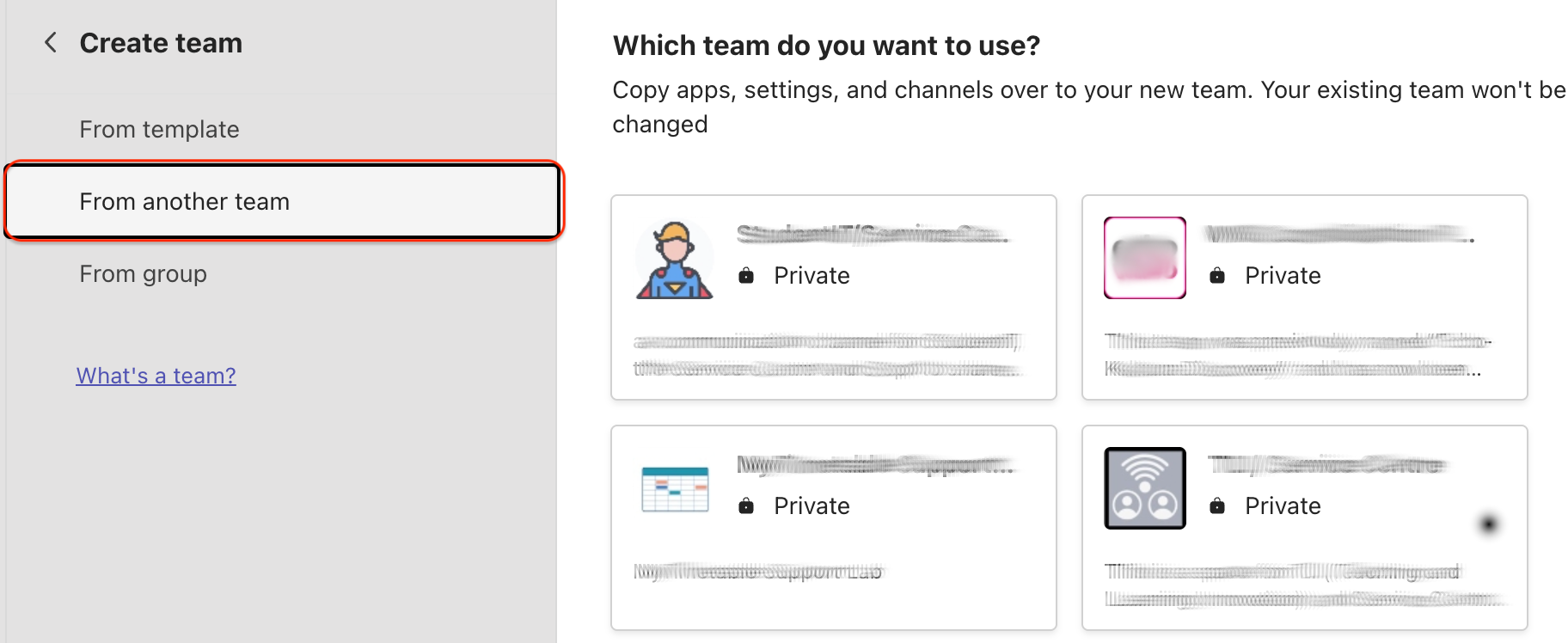 List of available teams to copy after choosing the From another team tab.