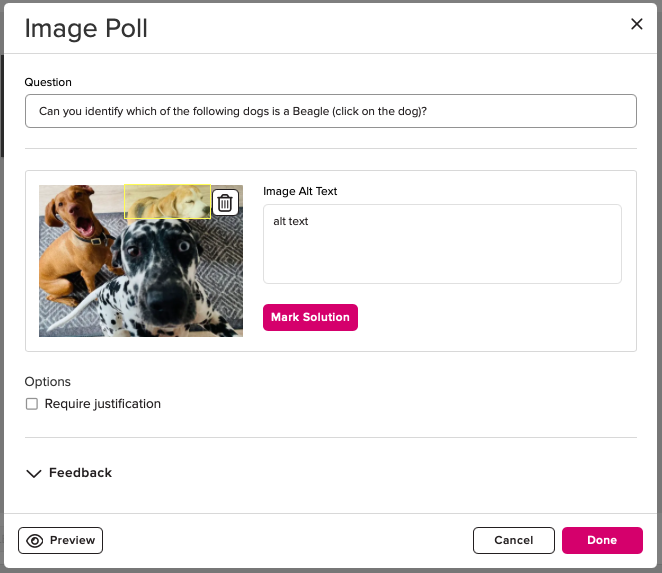 Screenshot for the set-up of an Image Poll. Configuration options include question title, image, alt-text, additional options, and feedback. On the bottom of the page are buttons for Preview, Cancel, and Done.w