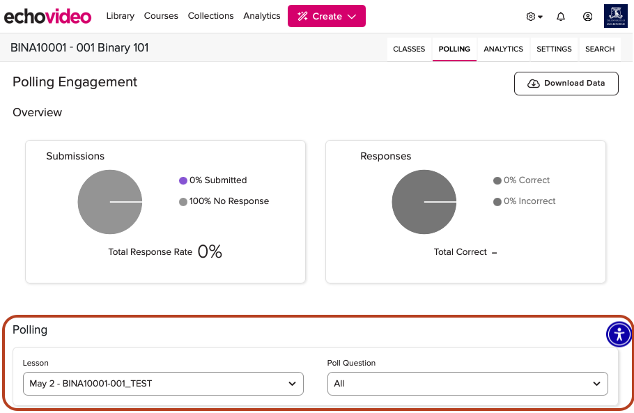Screenshot a subject&rsquo;s Polling tab. The title reads Polling Engagement with an Overview section. Below and highlighted is a Polling section with drop-downs allowing for users to filter by Lesson and Poll Question