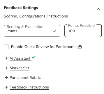 GoReact feedback settings, with points set to 100. Links to configure AI, Markers, Participant Rubric and Feedback instruction  