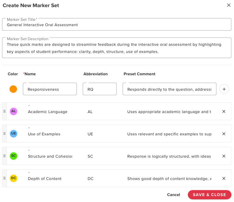 List of colourful tags (goReact markers) for annotating student feedback.