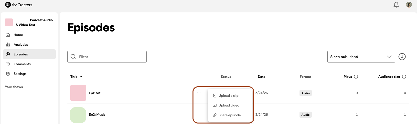 Screenshot of the ‘Episodes’ screen with the three dot menu highlighted and showcasing the option to upload a video.