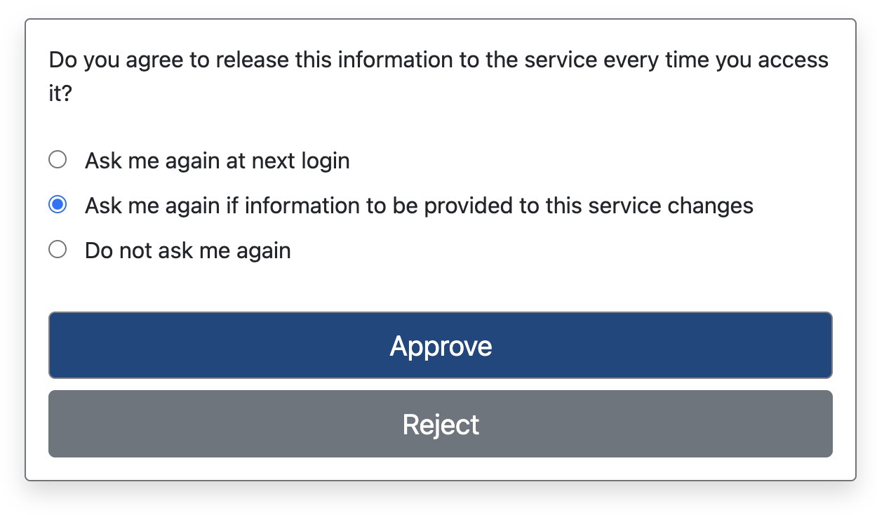 Screenshot of the Australian Access Federation login approval page. Users are prompted to approve or reject the release of their information to log in. Additionally. there are options to toggle the frequency by which approval is requested.
