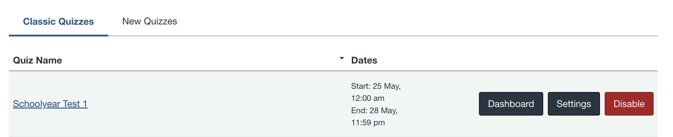 Screenshot of Schoolyear settings once it has been enabled in quizzes. Image shows buttons to the Dashboard, Settings, and a Disable button to turn off Schoolyear. 