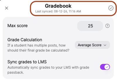 Screenshot of the Padlet Gradebook displaying the timestamp of when grades were last synced to the LMS. A tick icon is displayed to the top-right to confirm synchronisation.