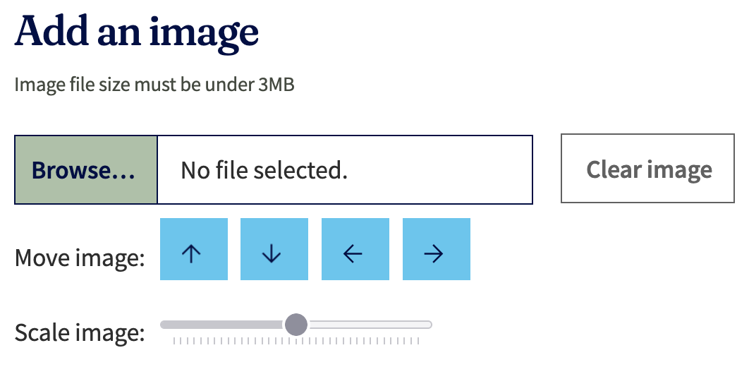 Image upload interface with controls to browse, move, scale, and clear the image
