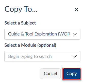 Copy quiz to selected subject and Copy quiz to selected subject and module