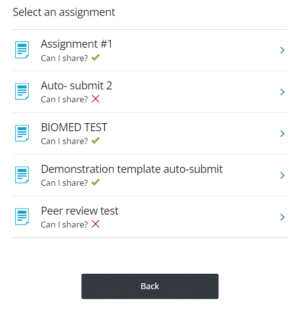 List of assignment workspaces for sharing in to PebblePad ATLAS