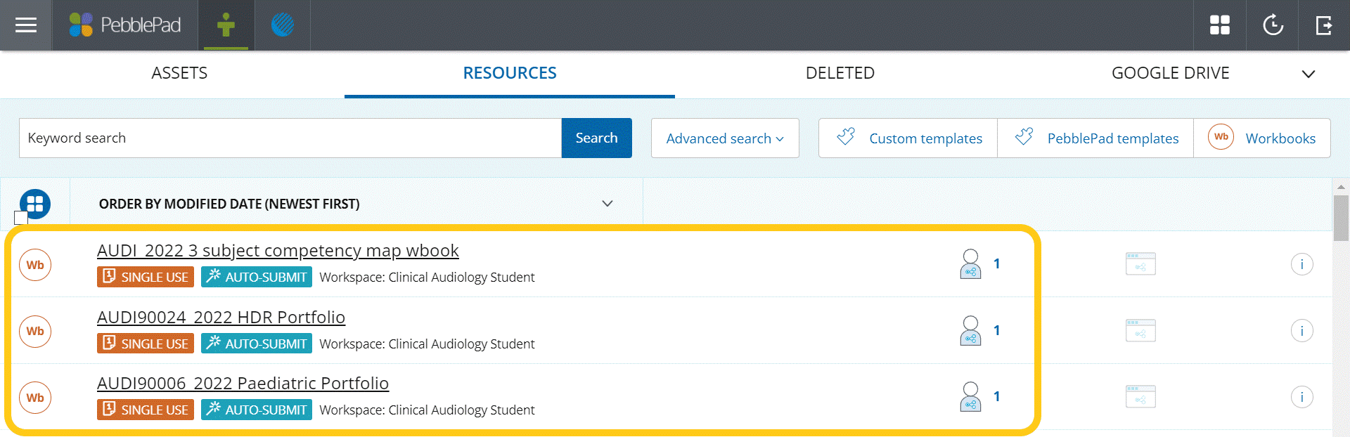 Shared resources in the PebblePad Resource Store Shared resources in the PebblePad ‘Resource Store’