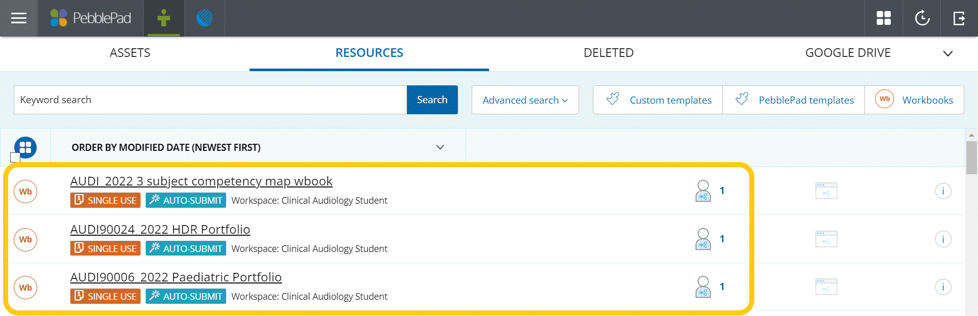 Shared resources in the PebblePad ‘Resource Store’
