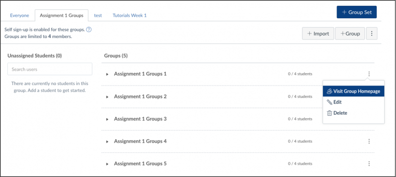 Assignment groups listing page with dropdown