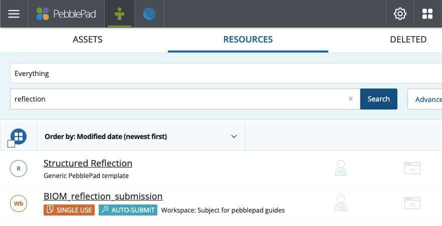 Resource store page with Resources tab selected. The search bar is available directly underneath, followed by the resources list with options for how to sort/order them. Several shared workbooks are shown in the list