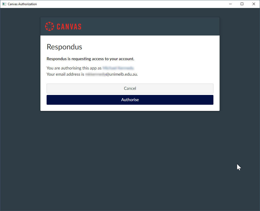 Canvas Authorisation Authorise Respondus page, in the Authentication Module software